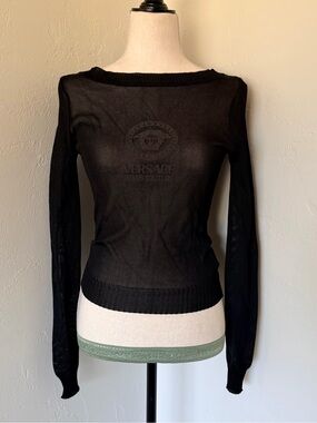 Vintage Versace Black Sheer Mesh Knit Long Sleeve Sweater Top Medusa Head [XS]